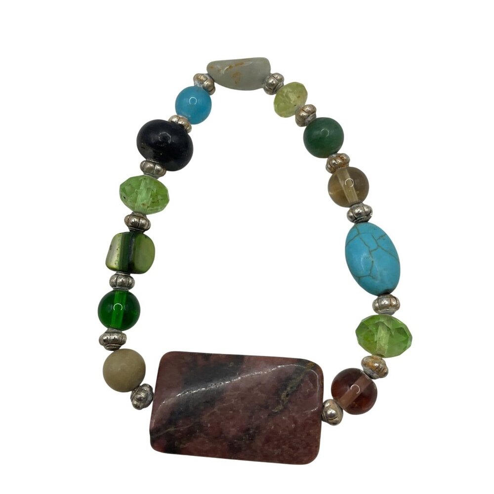 Handmade Multicolor Beaded Bracelet W/ Natural Stone Accents/Silver-Toned Spacer